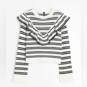 H&M Ruffle Trim Textured Black‎ and White Striped Knit Sweater